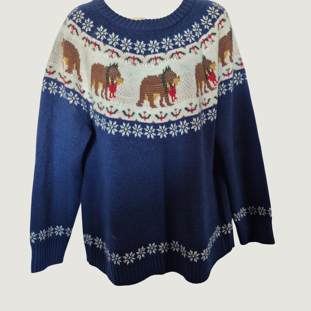 Vintage Fair Isle Bear Sweater Navy Blue Holiday Christmas Knit